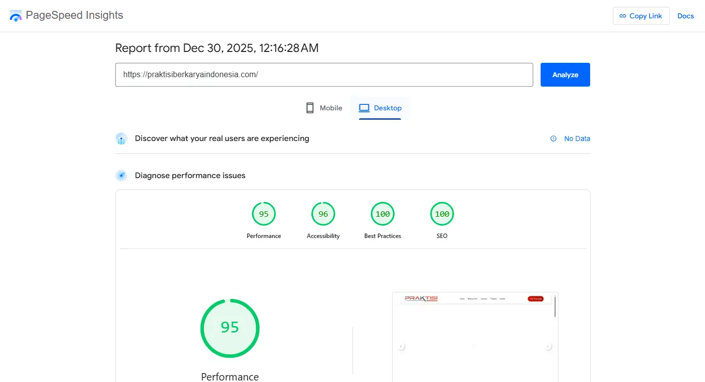 Laporan Google PageSpeed Insights versi Desktop – Website PT Praktisi Berkarya Indonesia