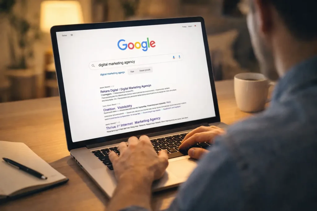 Pengguna melakukan pencarian informasi di Google menggunakan laptop