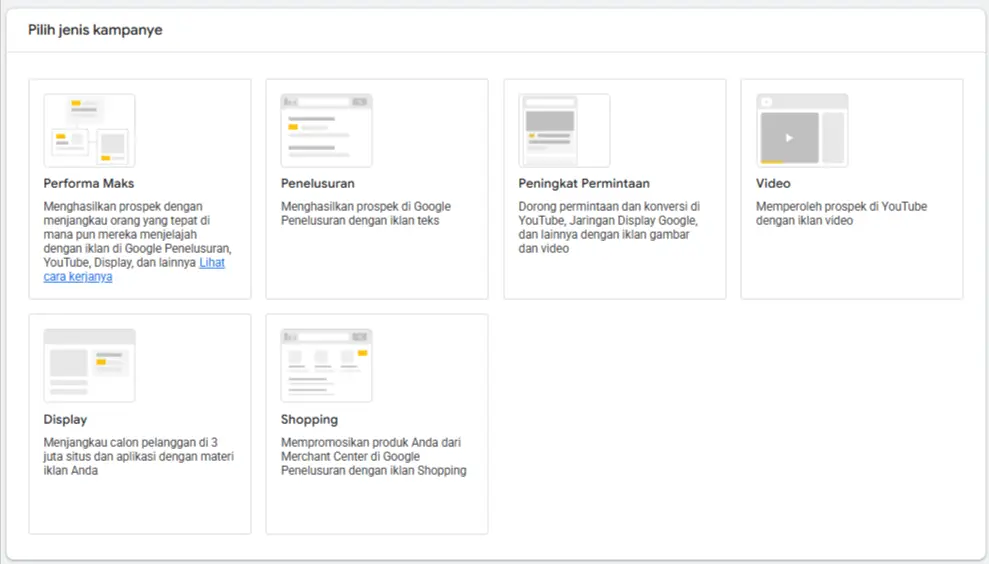 pilihan jenis kampanye iklan di google ads
