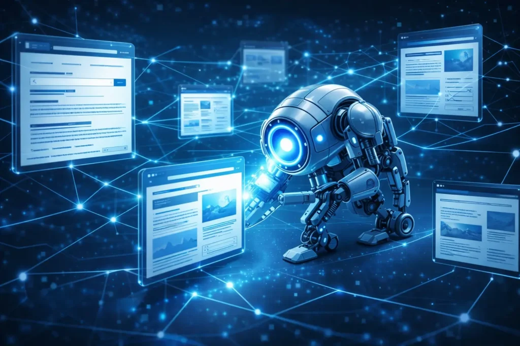 Proses crawling mesin pencari Google menemukan halaman website di internet