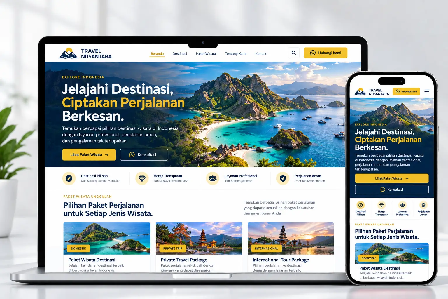 Contoh website travel pada tampilan laptop dan mobile