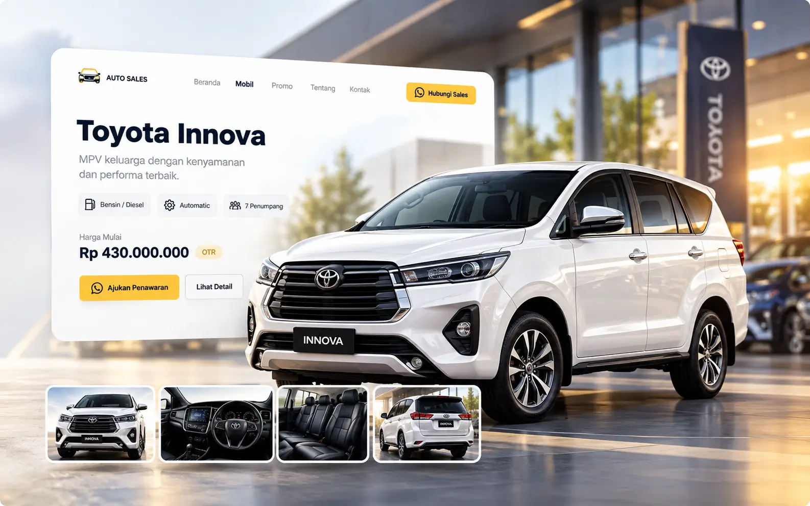 Ilustrasi website sales mobil Toyota dengan informasi kendaraan dan jalur inquiry