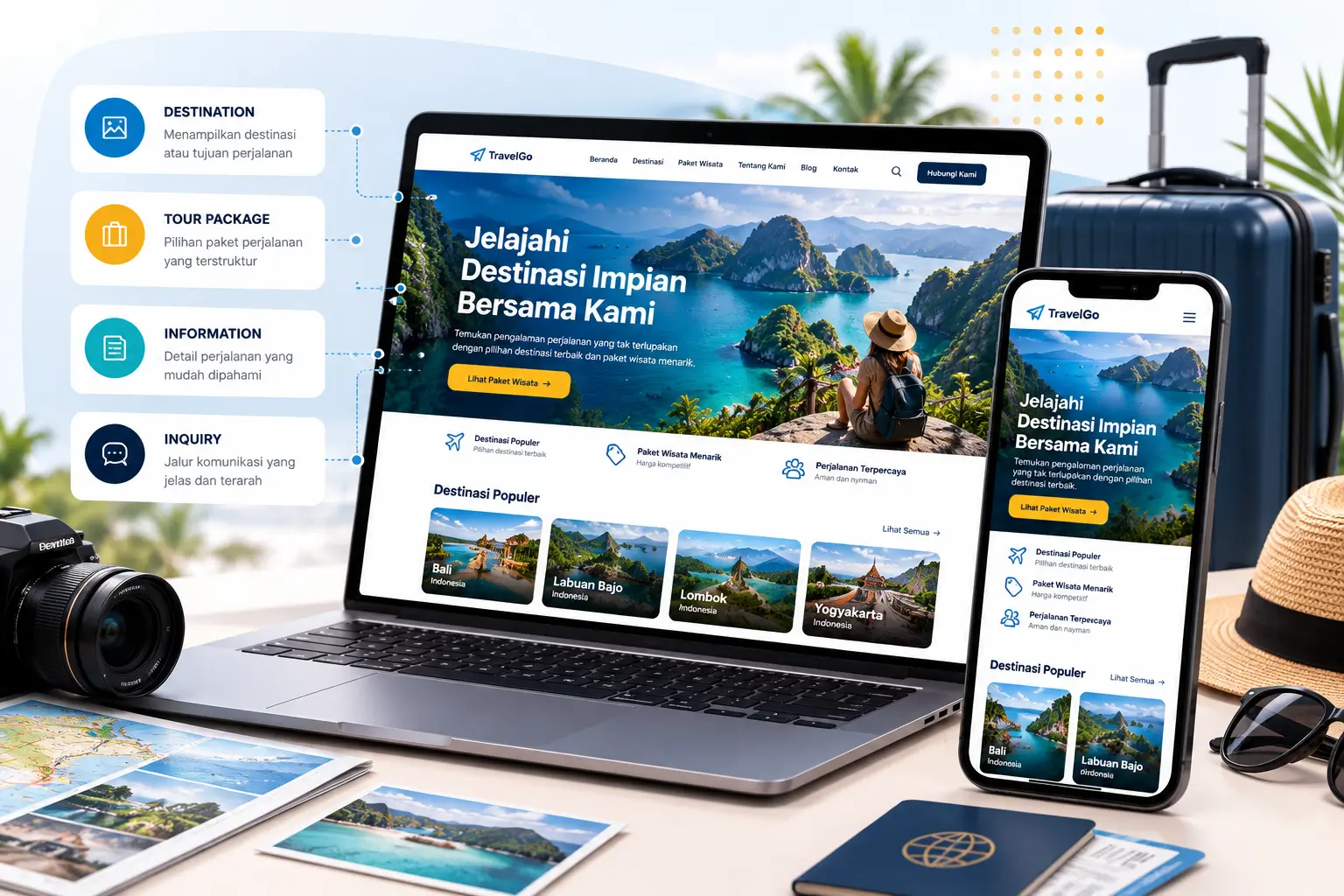 Ilustrasi website travel dengan informasi destinasi dan paket perjalanan