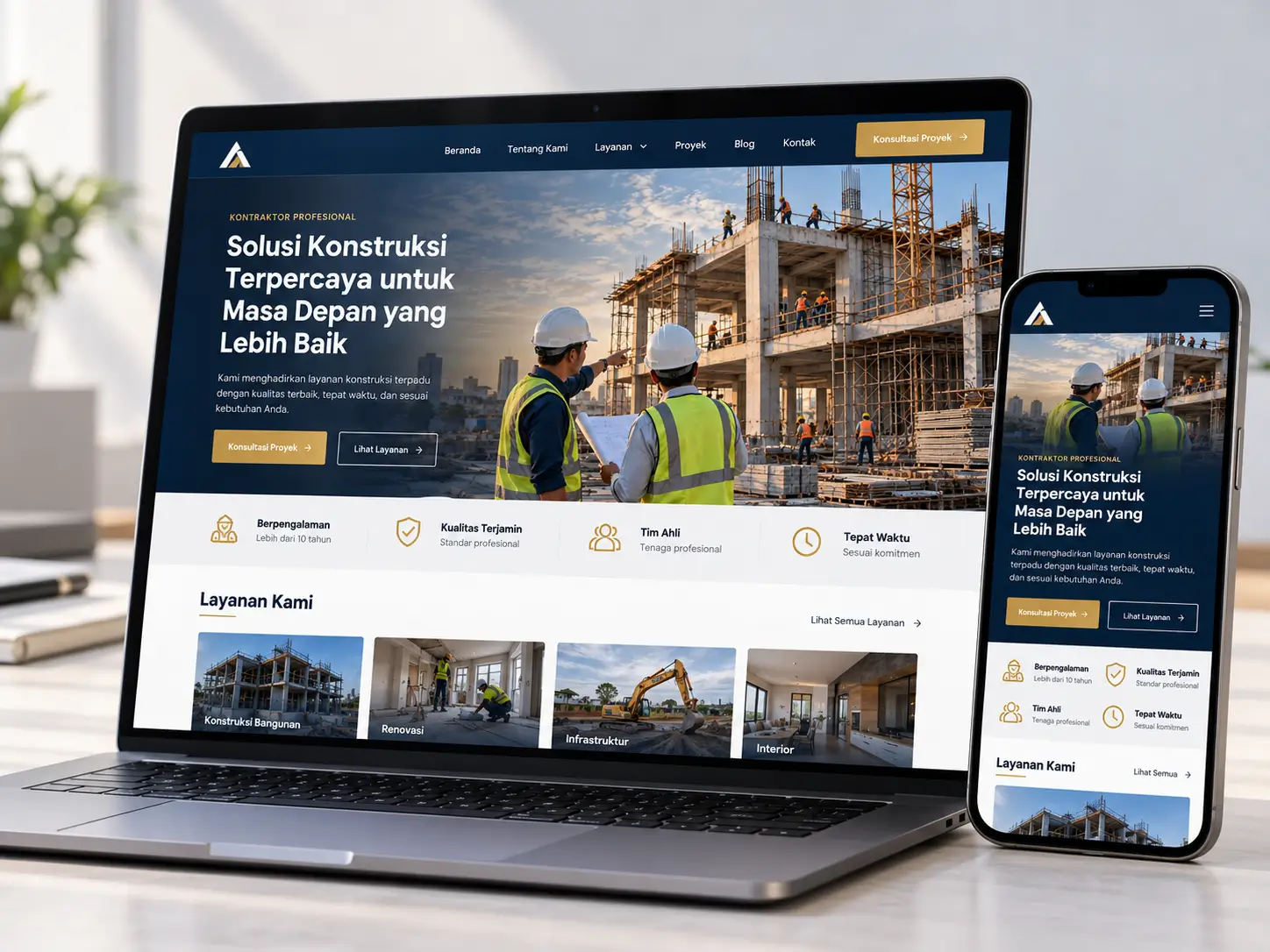 Mockup website perusahaan kontraktor pada desktop, tablet, dan perangkat mobile