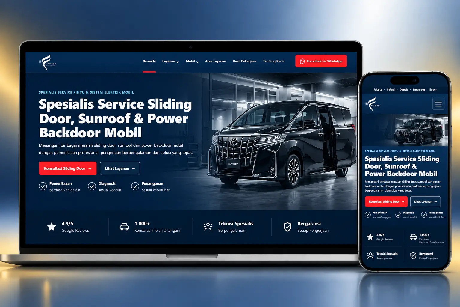 Mockup website Feeling Sliding Door Mobil pada desktop dan mobile